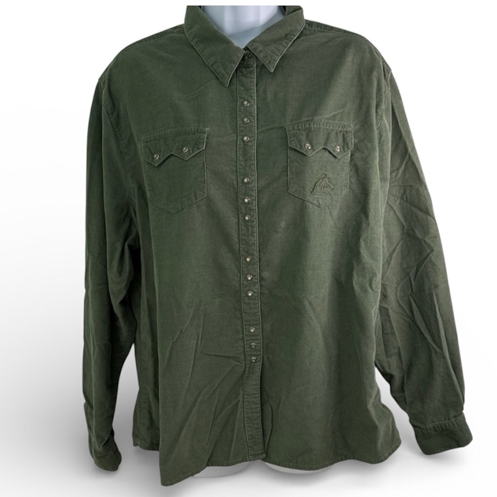 Shyanne Olive Western Corduroy Button-Down Shirt with the pearl snaps